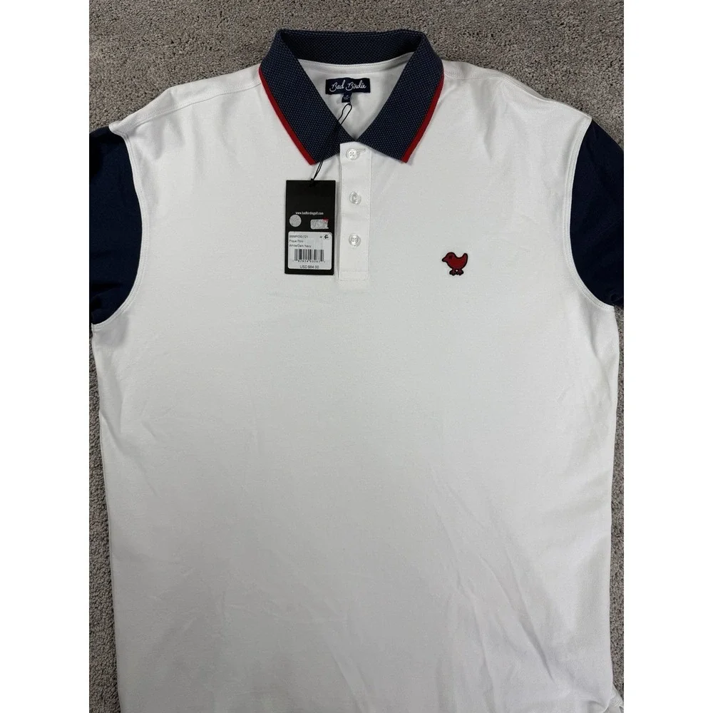 Bad‎ Birdie Men's Golf Polo Shirt, Large Med, White, Red & Blue, NWT